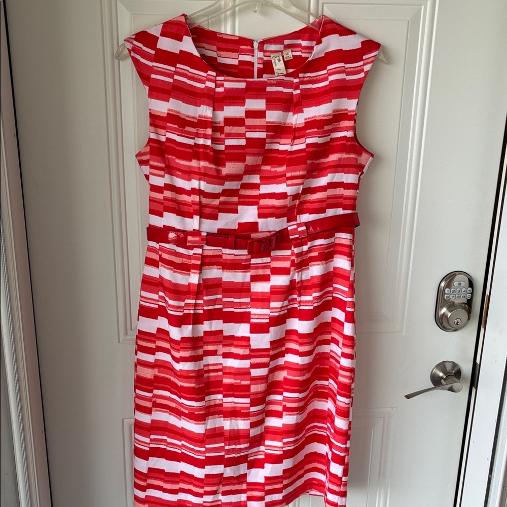 Emma & Michele Red and White Striped Belted Midi Dress